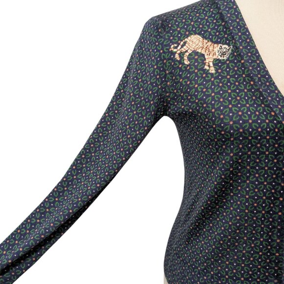 J Crew Women Sz S Blue Green Tiger Embroidered 100% Merino Wool Cardigan Sweater - Picture 5 of 10
